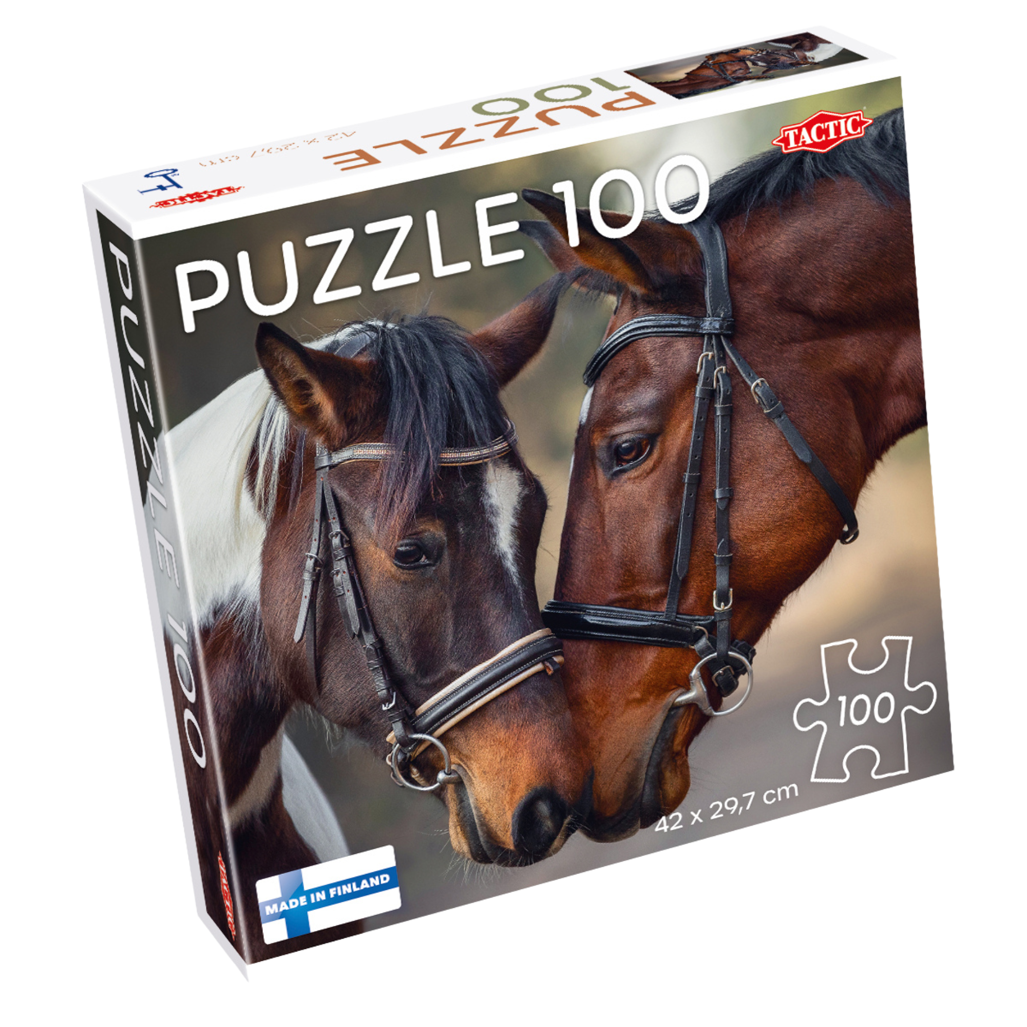 "Forelskede hester 100 brikker Tactic puslespill eske med to hester som klemmer motiv